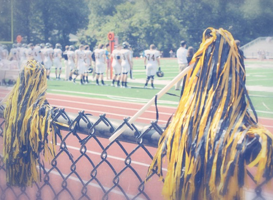 Cheer pompoms laid over a fence